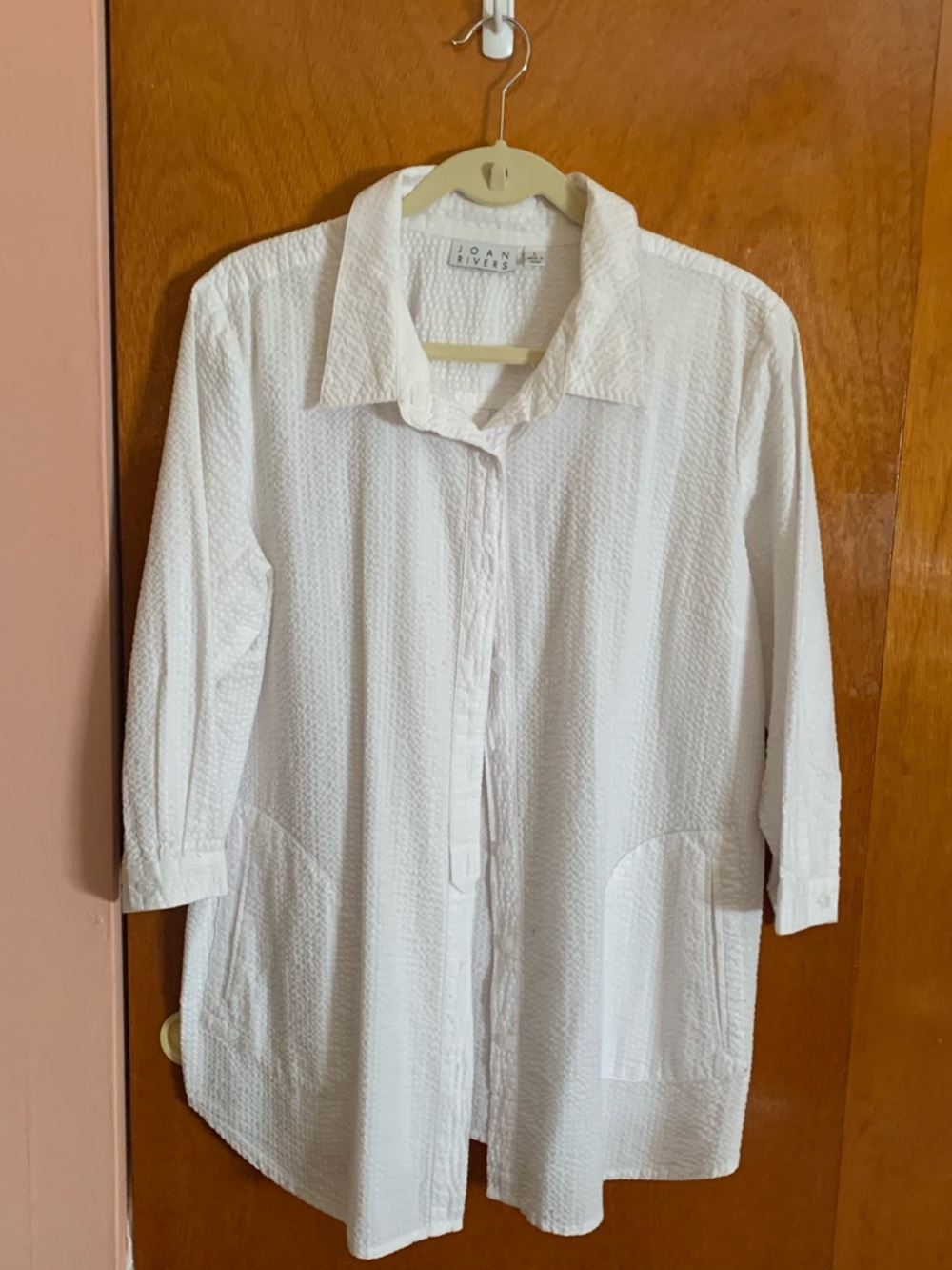 Joan Rivers White Textured Button-Front Shirt/Pockets 3/4 sleeve L